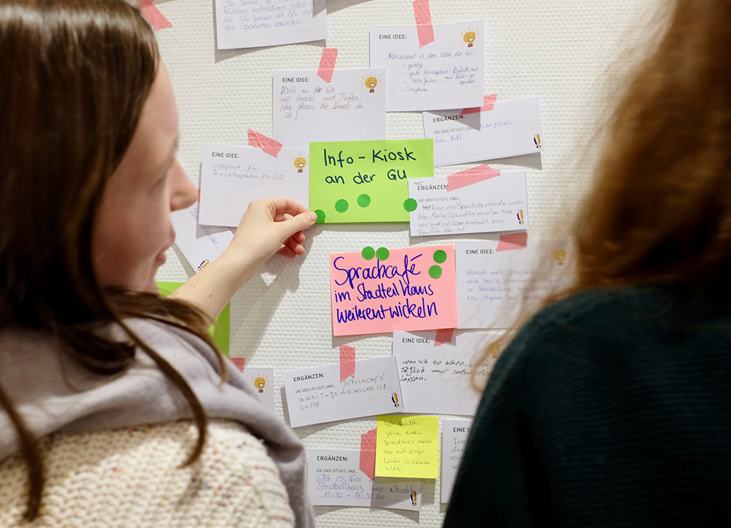 Foto von zwei Personen die einen Klebepunkt an eine Wand mit vielen Post-its und Zetteln kleben. Auf den Post-its steht: Infokios und Stadtteil–Cafe.  />
                  <img class=