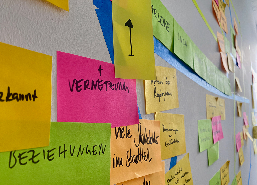 Foto von vielen bunten Post-its an einer Wand. Auf einem steht Vernetzung auf einem anderen Beziehung und viele Stakeholder im Stadtteil